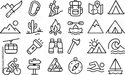 Minimalist line icon set close up view of twenty four camping and outdoor symbols showing knife carabiner hiker backpack tent map pin campfire compass waves bicycle