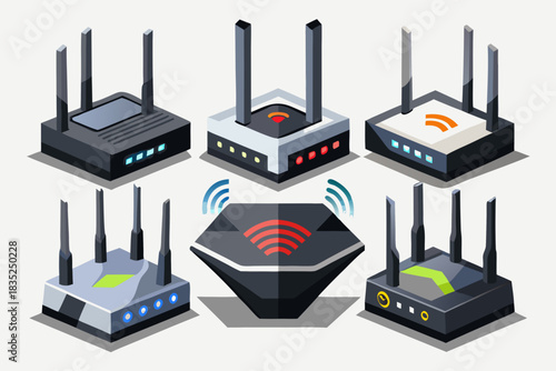 Wi-Fi Router Set. Wireless Internet Modem Network Device