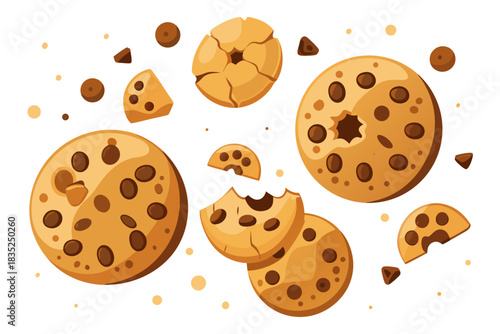 Chocolate Chip Cookies Set. Crunchy Sweet Snack Dessert Food