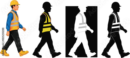 Construction Worker Walking Silhouette Set with Safety Vest, Hard Hat, Black and White Variations for Signage, Design, and Instructional Use