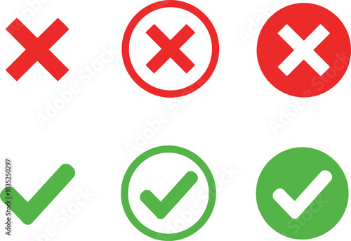 Red Cross Marks, Green Checkmarks Set, Circle Validation Symbols, Flat Icons