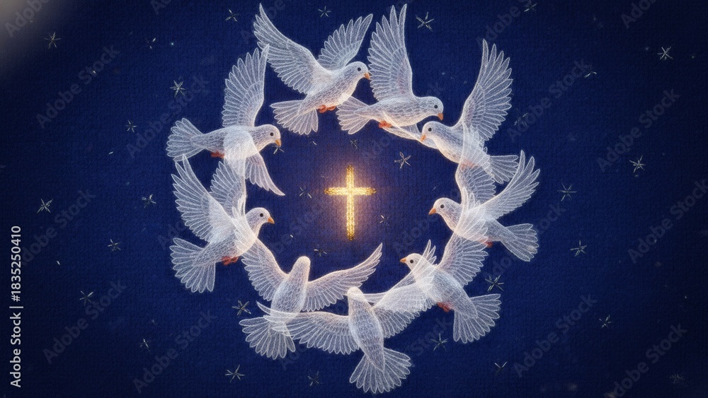 Fototapeta premium White dove circle around a glowing Christian cross on a dark blue background with stars, representing peace and faith for Christian holiday or teaching material.