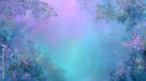 Beautiful fantasy springlike backdrop with soft pastel colors and foliage illustration art