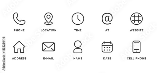 Contact us icon set. Phone, location pin, clock, email and calendar elements create a clean communication vector illustration. Website and mobile details sign. Minimal interface pictogram.