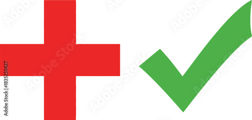 Red Plus and Green Check Mark Isolated on White Background Simple Flat Design