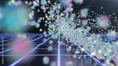 Abstract digital art with glowing particles and grid lines creating depth effect