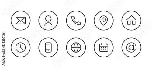 Contact icon set. Email, user, phone, location, home, clock and other minimal symbols in clean circle design vector illustration. Interface navigation element sign. Modern communication pictogram.