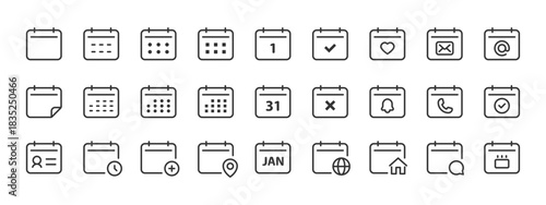 Calendar icon. Date planner with reminder marks and monthly grid for schedule vector usage. Useful event overview for office tasks symbol. Clean outline set for UI sign. Modern planning pictogram.
