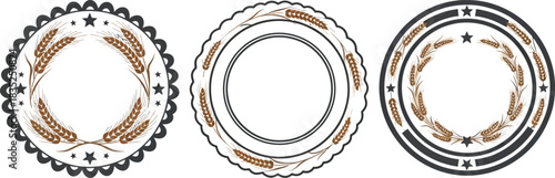Round Frames Set with Wheat Stalks and Star Ornamentation on White Background