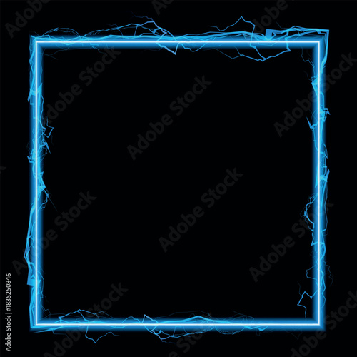 Thunderbolt blue lightning spark effect vector square frame on black, bolt voltage border, energy beam, electric burst
