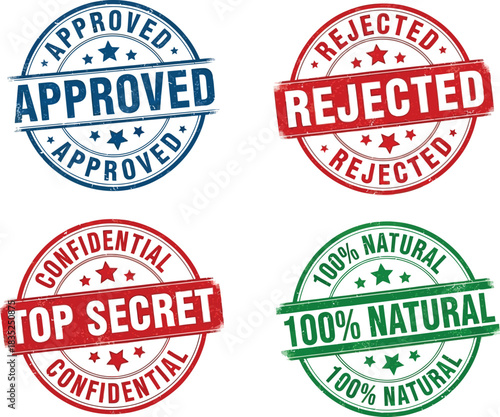 Rubber Stamps Set Featuring Approved Rejected Top Secret 100 Percent Natural