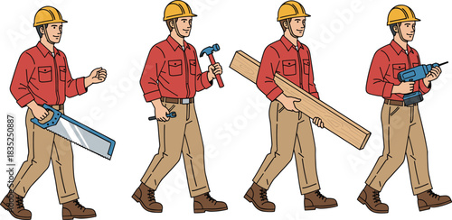 Construction worker walking with tools and materials in various poses wearing safety gear, hard hat, and work boots vector illustration.
