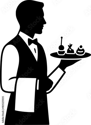Waiter Silhouette Carrying Appetizers, Minimal Vector for Restaurant, Bar and Catering Service