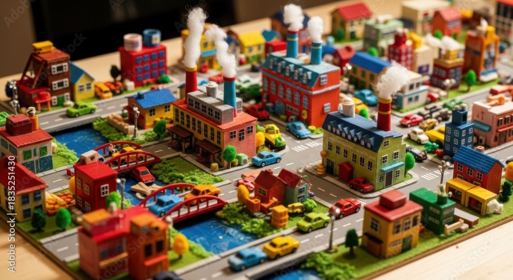 Naklejka premium Miniature Urban World: Detailed cityscape model depicting residential, industrial zones