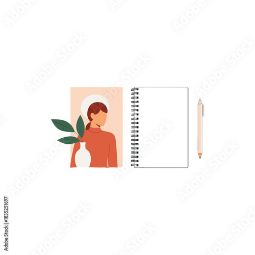 Minimalist Workspace with Notebook Pen and Artistic Illustration.