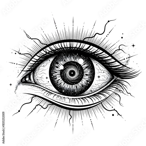 Mystical Eye Illustration with Cosmic Spiral Design, Black and White Visionary Art