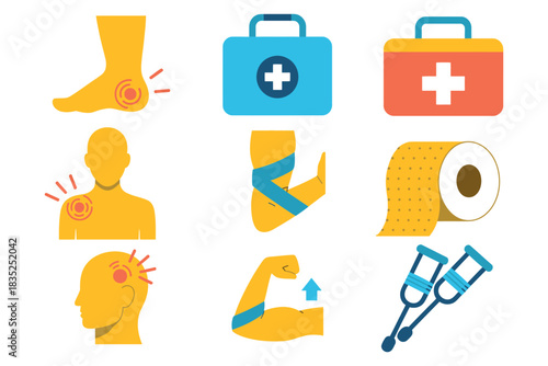 Injury and Orthopedic Icons. Colorful Flat First Aid, Medical Treatment, and Rehabilitation Symbols