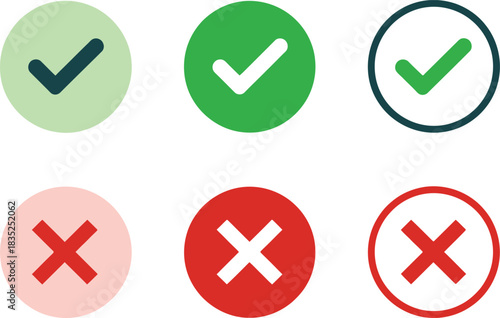 Set of Tick and Cross Symbols, Round Button, Check Marks, Choice Icons, Approve