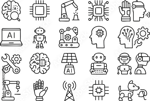 Line icon set 6x4 grid with 24 black outline ai robotics icons showing robot dog, prosthetic hand, microchip, brain, antenna, robotic arm, centered layout, monoline minimal