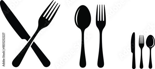 Simple Utensils Black Knife, Fork, and Spoon Silhouette on Transparent Background