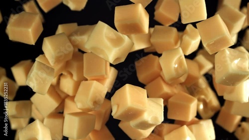 Maasdam cheese flies up and falls down on a black background. Filmed on a high-speed camera at 1000 fps. High quality FullHD footage
