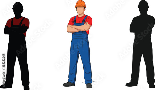Construction workers vector illustration with safety helmet, silhouette contrast, teamwork concept, industrial labor, professional pose, editable stock design.