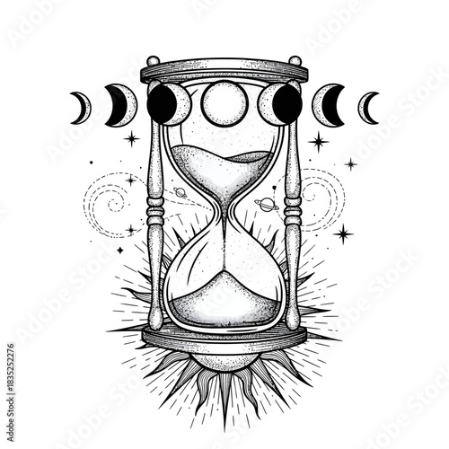 Vintage occult hourglass illustration with cosmic moon cycles, stars, and a radiant sun symbol