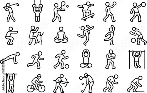 Minimalist line art grid layout of 25 stick figure sports icons showing cycling running yoga pull up juggling skateboarding boxing throwing stretching in black outline style vector