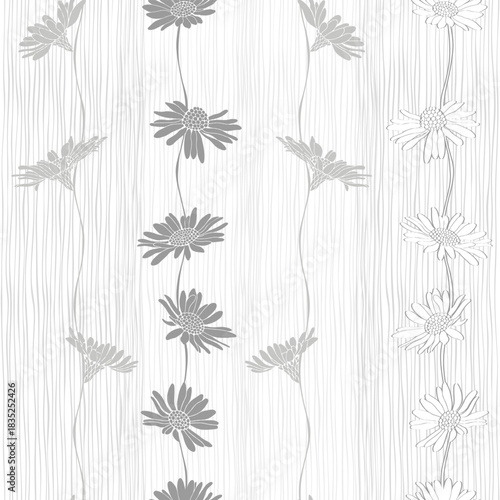 Chamomile. Stylish monochrome seamless pattern on the striped. Vector. Abstract nature background.  Perfect for design templates, wallpaper, wrapping, fabric, print and textile.