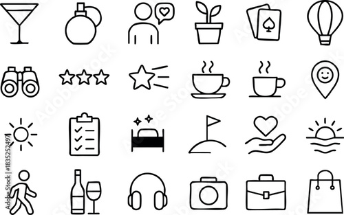 Minimalist line art icon set six column grid showing travel lifestyle symbols including cocktail glass, perfume bottle, couple with heart, potted plant, playing cards, hot air balloon