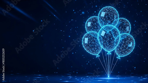 Futuristic abstract scene featuring glowing blue wireframe balloons with digital polygons, set against a dark cosmic backdrop with small shimmering lights.