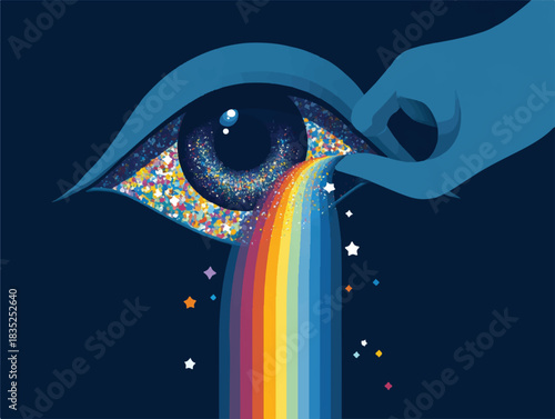 Eye with rainbow tear held by hand illustration on navy blue background