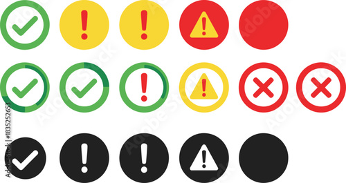 Status Indicators Set Check Mark, Exclamation Point, Attention Sign and Cross Mark
