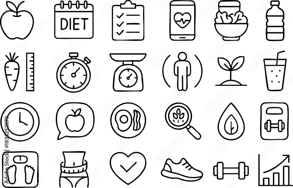 Fototapeta premium Minimalist line icon set close up of health and fitness symbols in thin black stroke grid showing apple stopwatch weighing scale shoe dumbbell salad bowl tape measure