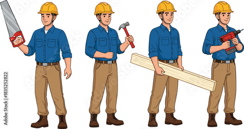 Construction workers with tools in uniform, holding hammer, saw, drill, wood planks, teamwork concept for building and labor industry