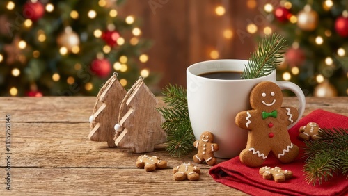 Cozy Christmas Scene with Gingerbread Cookies, Coffee Cup, and Festive Decor on Wooden Table
