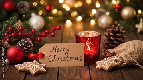 Cozy Christmas Decoration with Gingerbread Cookies, Pine Cones, and Festive Lights