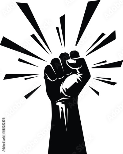 Black and White Vector Icon of Raised Clenched Fist with Radiating Lines Representing Strength and Solidarity

