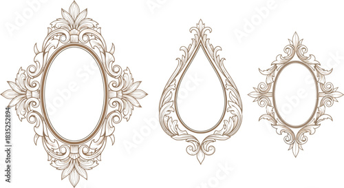 Three Decorative Beige Baroque Frames on White Backdrop with Intricate Details