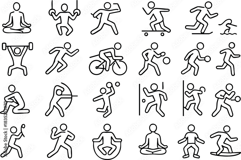 Obraz premium Minimalist line icon set front-facing stick figures grid performing yoga meditation weightlifting barbell cycling running sprint boxing jab skateboarding ollie surfing wave skiing downhill motion