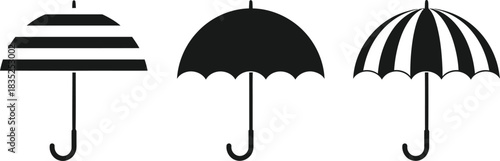 Three Umbrellas Icons Set With Solid, Striped & Black Color On Transparent Background