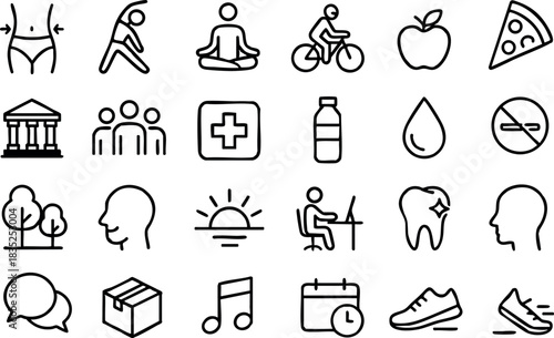 Line icon set close-up grid showing 25 black stroke minimalist lifestyle icons including cyclist looking forward, meditating person, apple, pizza slice, water bottle, sunrise, running shoes