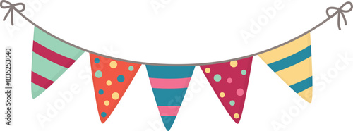 Bright decorative bunting of flags with stripes and polka dots. Colorful garland isolated on white background