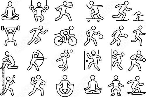 Minimalist line icon set front-facing stick figures grid performing yoga meditation weightlifting barbell cycling running sprint boxing jab skateboarding ollie surfing wave skiing downhill motion