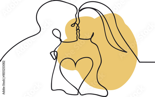 Minimalist line art illustration of a couple kissing with a heart shape vector design for love and relationship concepts