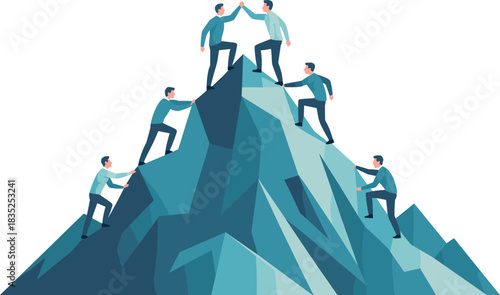 Teamwork and Success on Mountain Peak Vector Illustration
