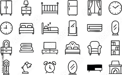 Minimal line icon set front-facing furniture grid showing wardrobe crib bed with zzz fridge sofa armchair fireplace mirror clock curtains consistent black stroke centered landscape outline