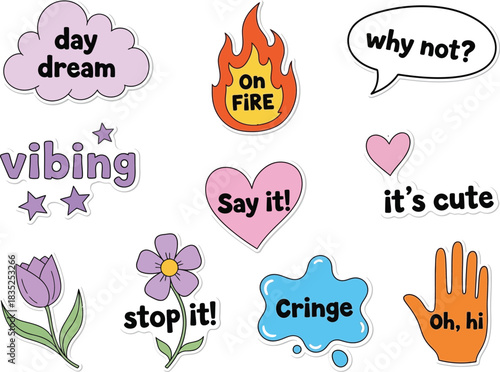 Trendy Stickers with Speech Bubbles, Hearts, Flowers, Fire, and Hand with Transparent Background