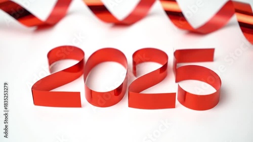 Red ribbon forming 2025 with festive curls on a white background new year concept