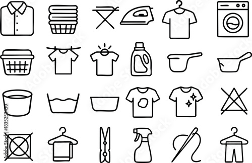 Minimalist line art icon set grid of laundry care symbols showing shirt, washer, iron, detergent bottle, clothesline and care marks with thin black strokes flat style